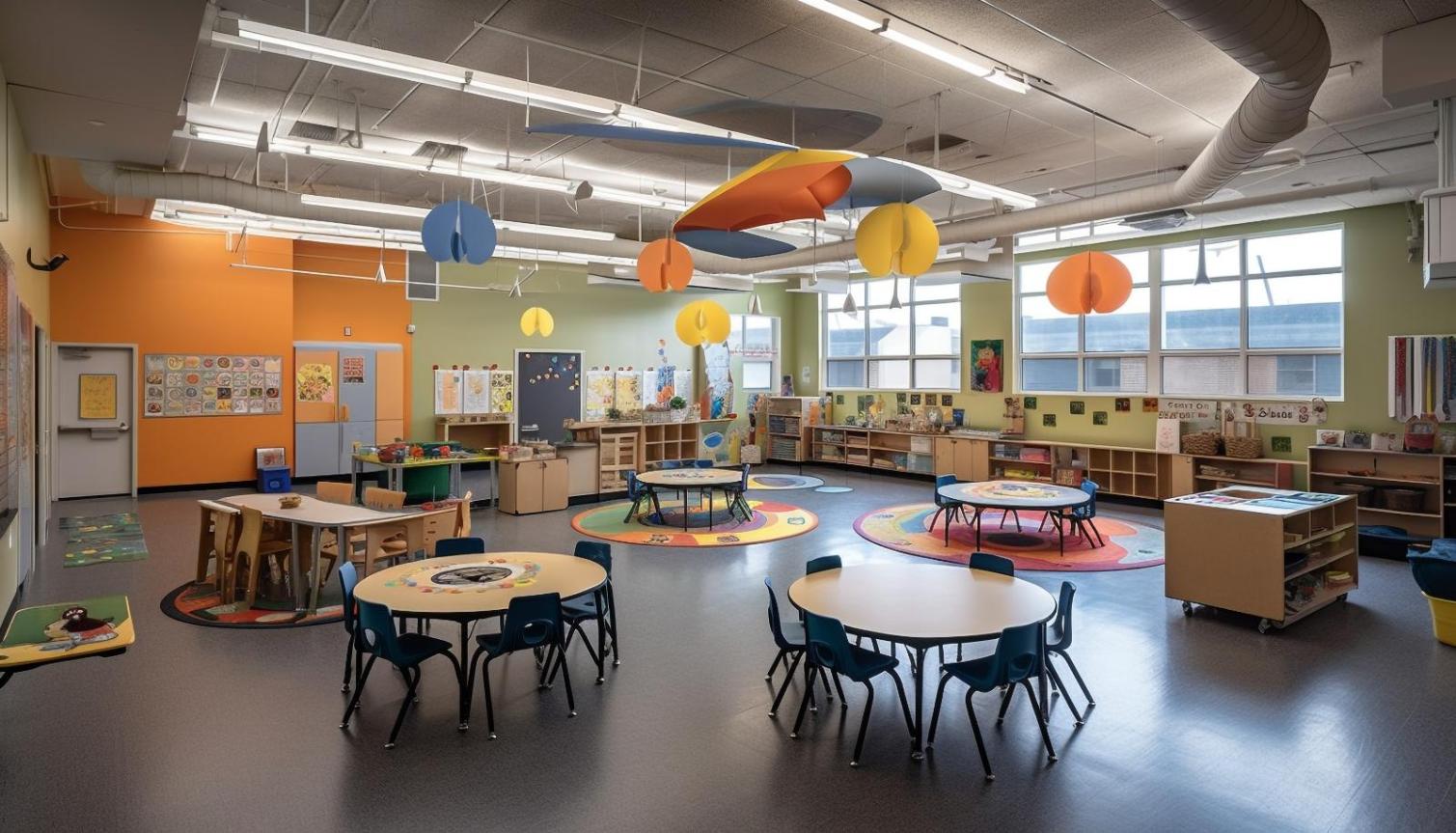 Bright, modern classroom with learning centers